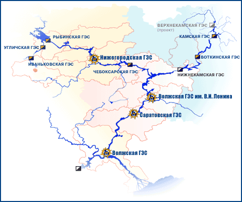 Географическое расположение ГЭС Волжско-Камского каскада